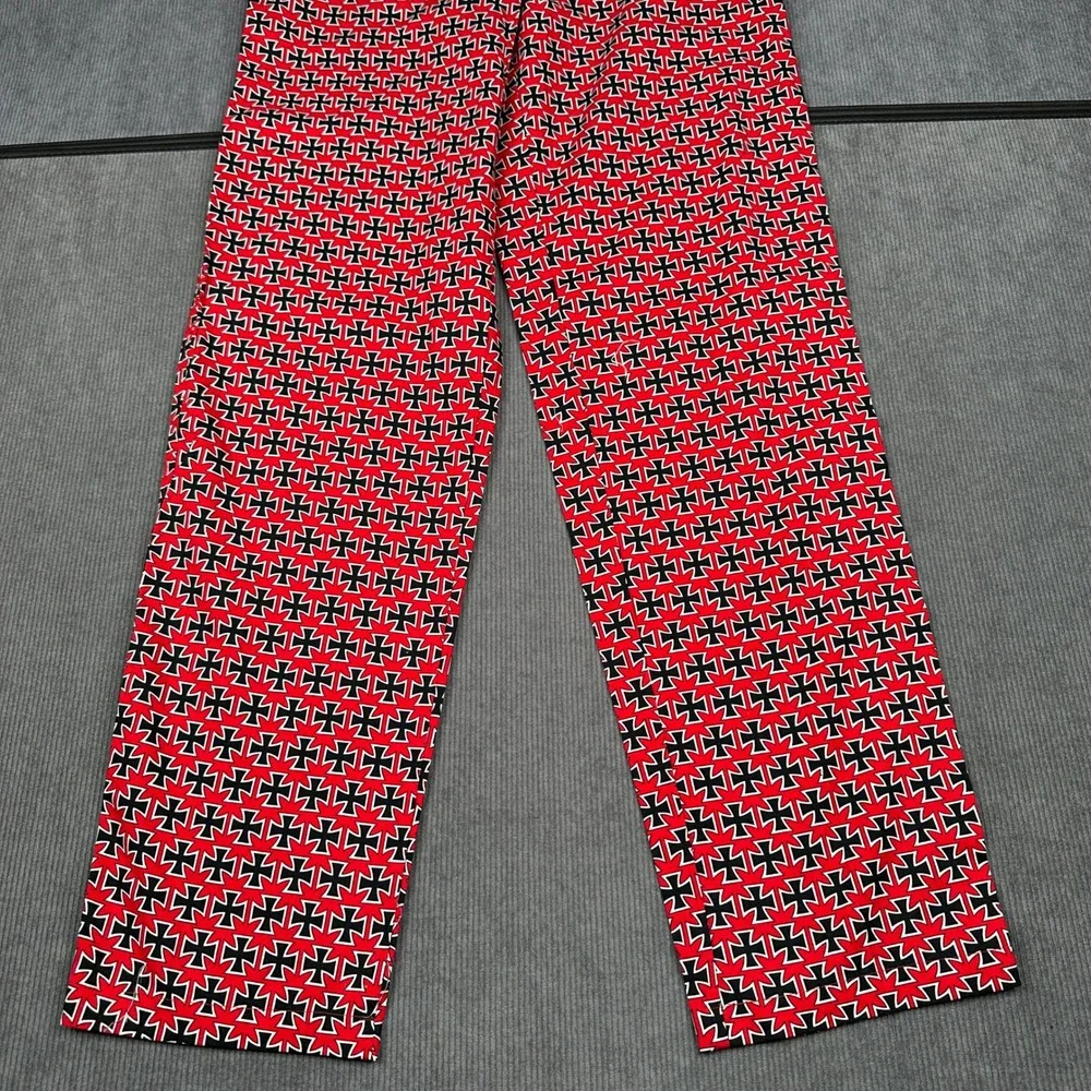 Vintage Lifes A Beach Iron Cross Print Pants Red Black Surf Streetwear 31x34